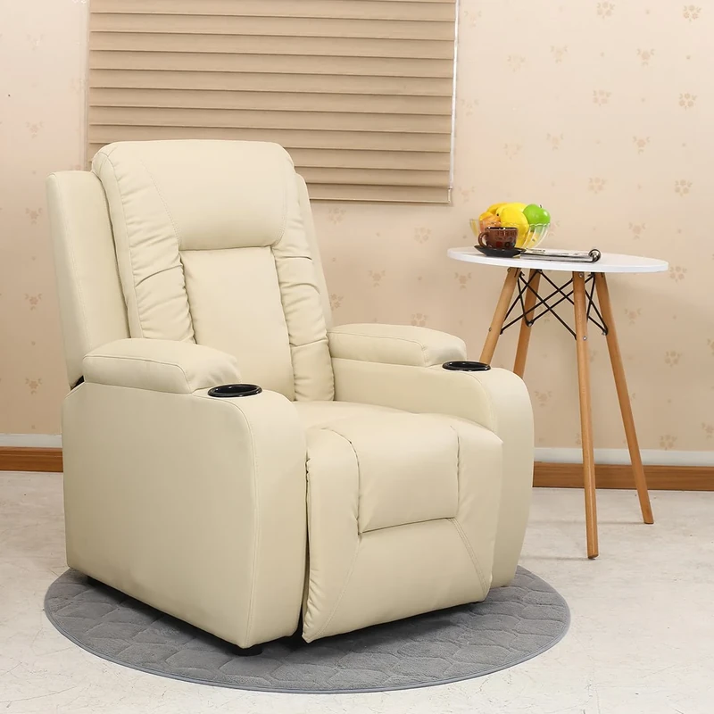 More4Homes OSCAR BONDED LEATHER RECLINER w DRINK HOLDERS ARMCHAIR SOFA CHAIR RECLINING CINEMA (Cream)
