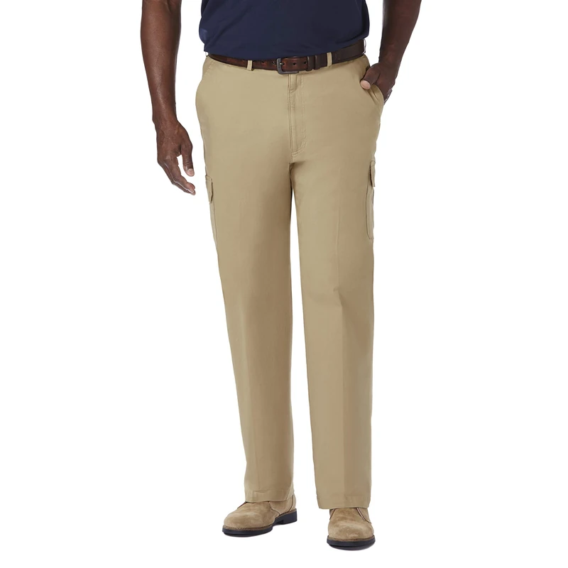 Haggar Men's Comfort Stretch Classic Fit Flat Front Cargo Pant-Regular and Big & Tall Sizes Casual, Khaki-Bt, 52W x 34L