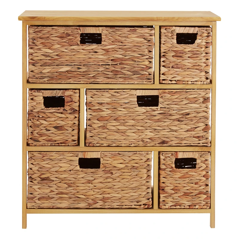 Premier Housewares Padstow Storage Unit with 6 Basket Drawers, Paulownia Wood/Water Hyacinth, Natural, 37 x 76 x 80 cm