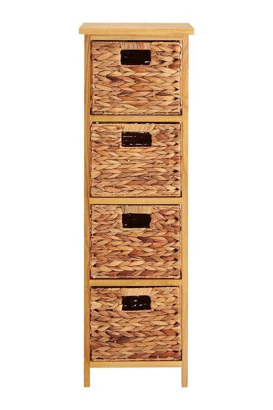 Premier Housewares Padstow Storage Unit with 4 Basket Drawers, Paulownia Wood/Water Hyacinth, Natural, 31 x 32 x 100 cm