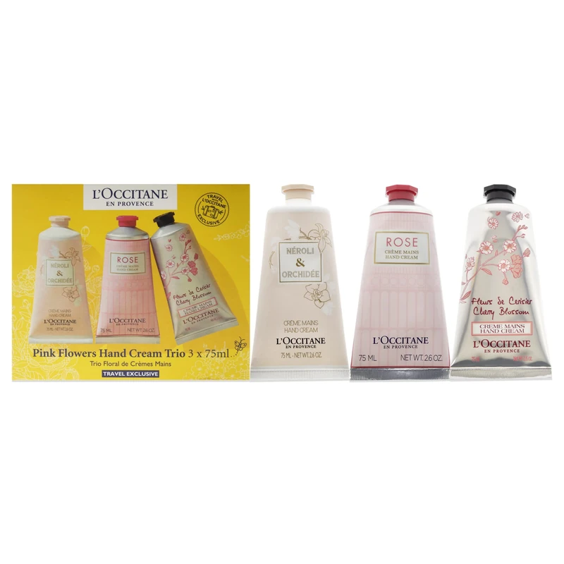 LOccitane Pink Flowers Hand Cream Trio For Unisex 3 x 2.6 oz Neroli and Orchidee Hand Cream, Rose Hand Cream, Cherry Blossom Hand Cream