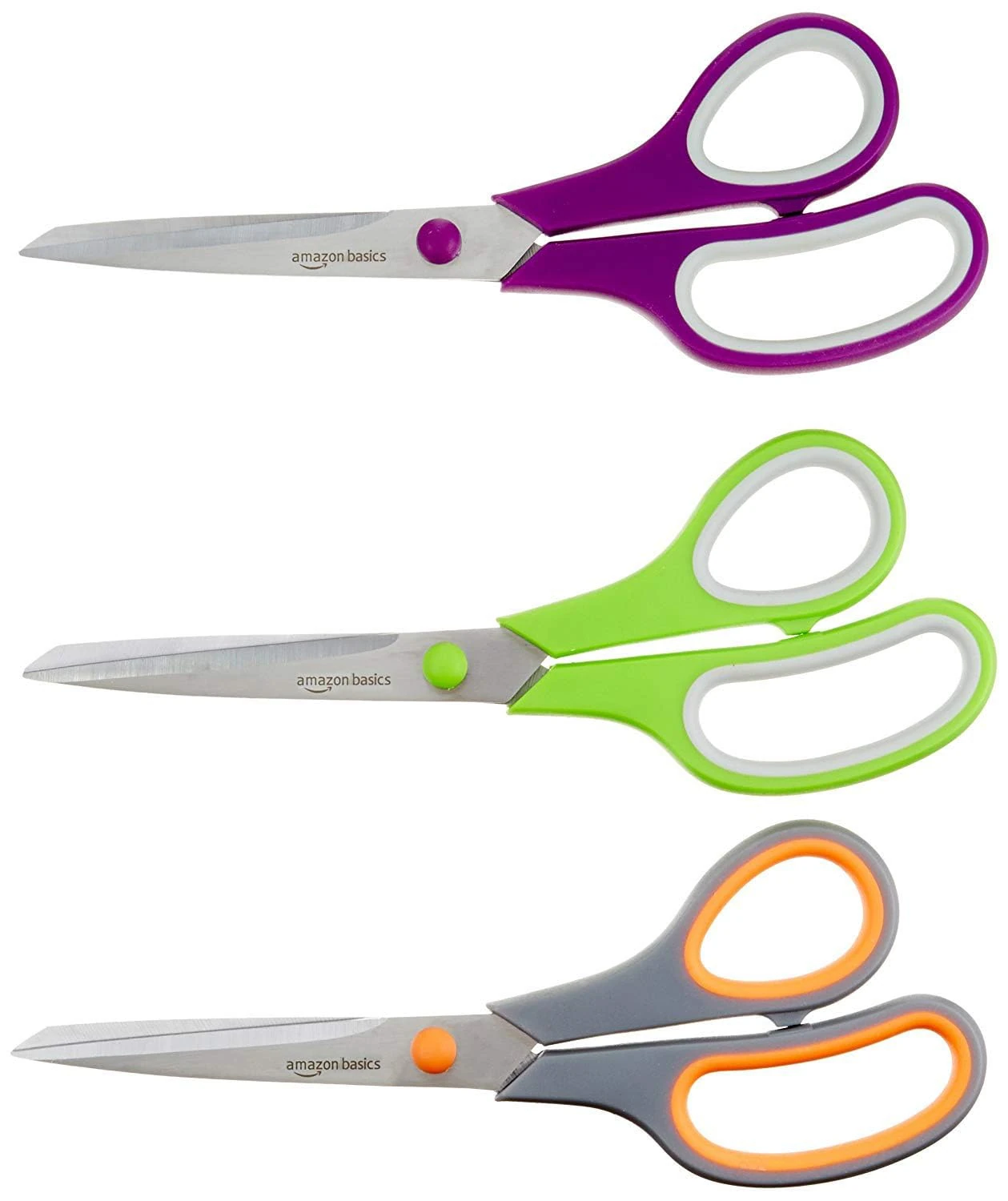 Amazon Basics Multipurpose Stainless Steel Office Scissors, Comfort Grip, PVD Coated, 3 Pack, Multicolor
