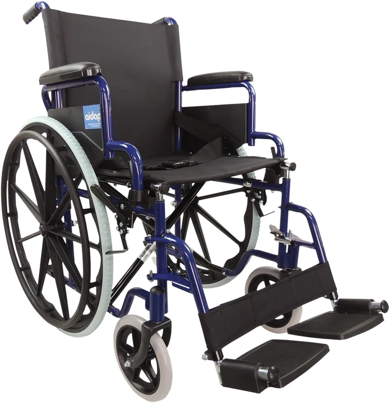 Aidapt Folding Lightweight Self Propelled Steel Wheelchair with Brakes, Extra Wide Seat (18") Lap Strap, Removable Foot Rests and Side Panels for Privacy. Indoor and Outside Use