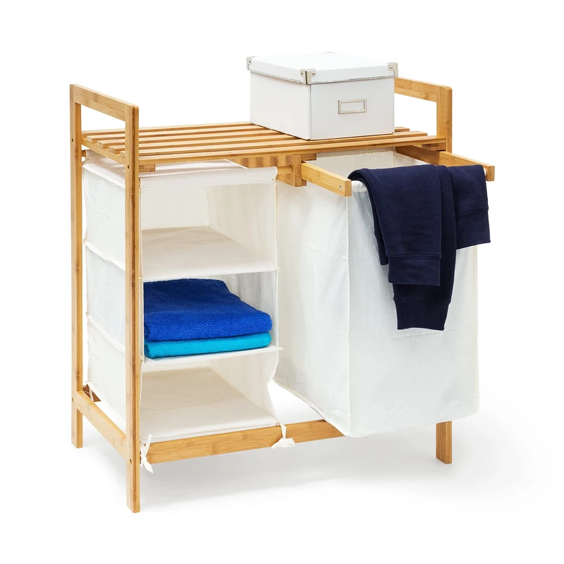 Relaxdays Bamboo Linea Laundry Hamper and Shelf with 3 Compartments Laundry Basket Linen Bin with Laundry Bag 40 L with White Fabric 77 x 69.5 x 36 cm, Natural Colour