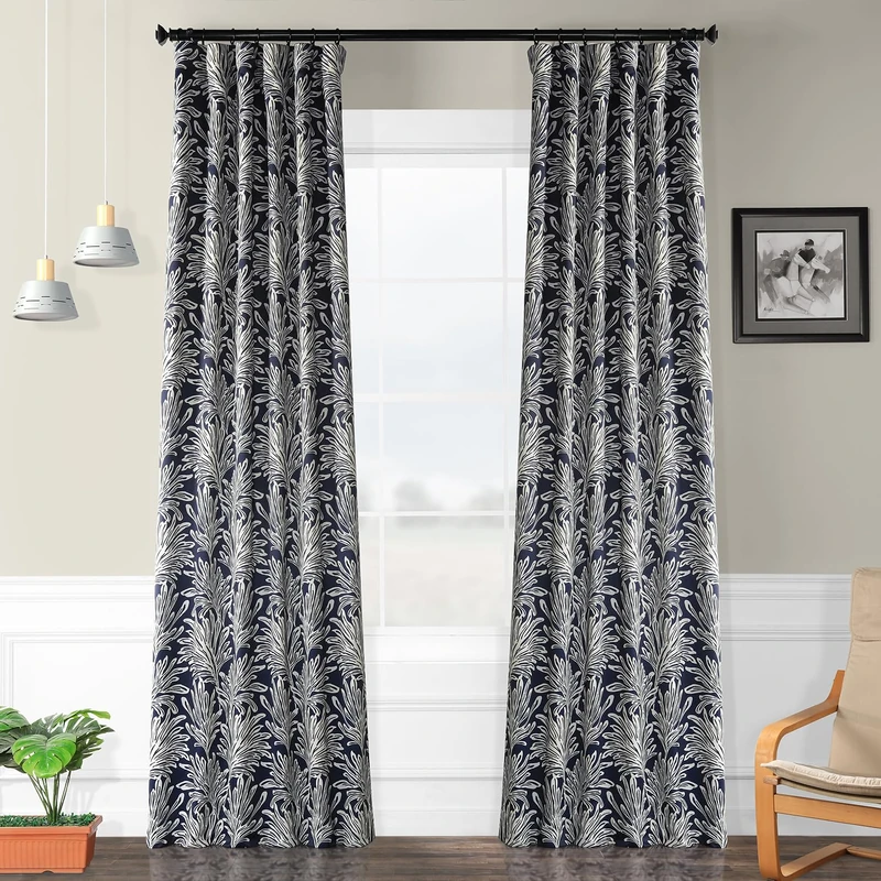 HPD Half Price Drapes Pattern Room Darkening Curtain 50 X 96 (1 Panel), BOCH-KC103A-96, Flora Navy, Polyester Blend