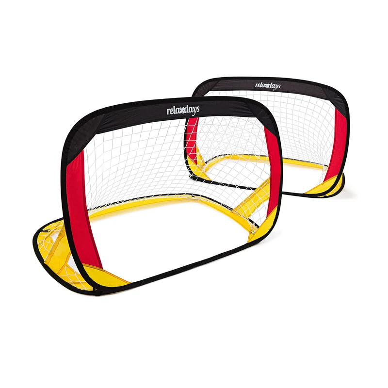 Relaxdays Pop Up Goal with German Flag Colours, 80 x 119 x 83 cm Set of 2 Football Soccer Goals for Children Deutschland Foldable Goals for the Yard w/ Handles & Carrying Case Mini Goal, Black Red Gold