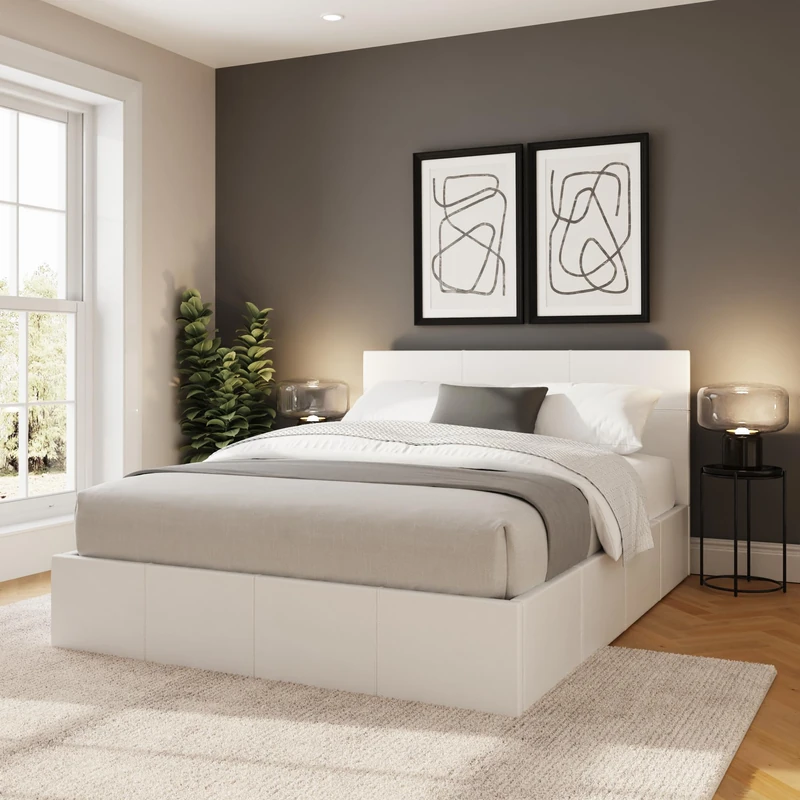 GFW Side Lift Double Ottoman Bed, White Fabric, Modern Storage Bed Frame