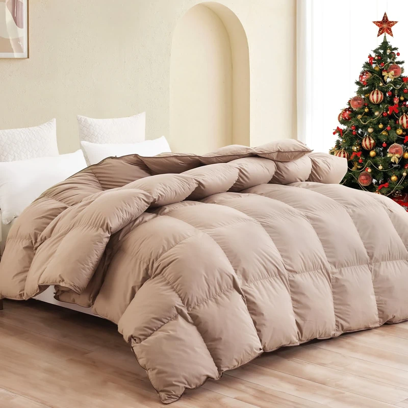 SNOWMAN Luxurious Goose Down Comforter King Size 100% Cotton Shell with Corner Tab-Extra Warm, Khaki Solid