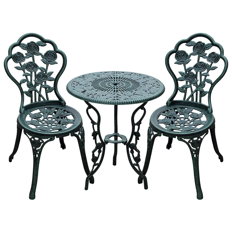 Outsunny Garden Bistro Set with Umbrella Hole, 3 Piece Cast Aluminium Garden Furniture Set, Antique Floral Round Coffee Table and Chairs, Small Balcony Furniture for Outdoor, Patio, Green
