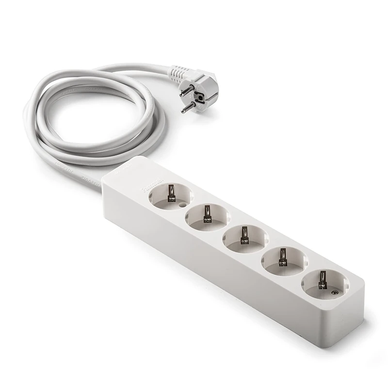 FAMATEL Connection Strip 5 connectors, Cable 1.5 m, up to 3680 W, 16 A, 250 V, Child Lock, Alignment Connections 45°, Prevents Hidden Consumption, White