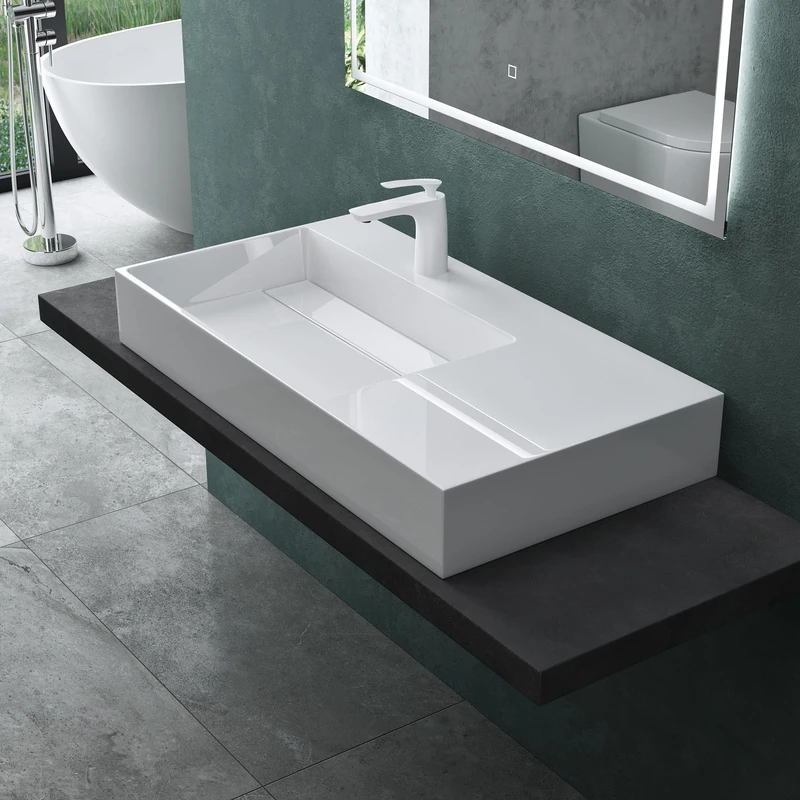 Mai & Mai Col12-Left Countertop Washbasin 90 x 48 x 13 cm in White Cast Mineral Without Overflow - Image 1