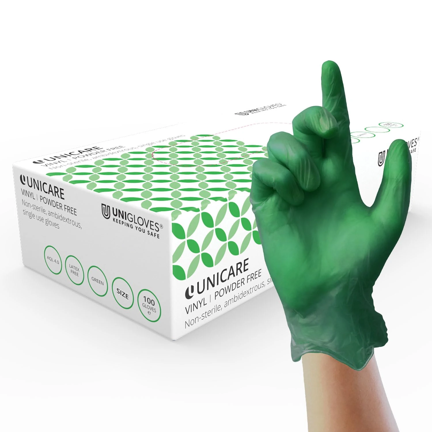 UNIGLOVES Unicare Vinyl Disposable Gloves - Multipurpose, Powder and Latex Free Examination Gloves - Box of 100 Gloves, Green, Large (GS0124)