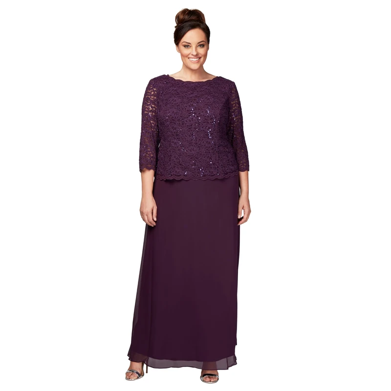 Alex Evenings Women's Plus Size Lace Mock Dress with Long Full Skirt Special Occasion, Deep Plum, 22 W