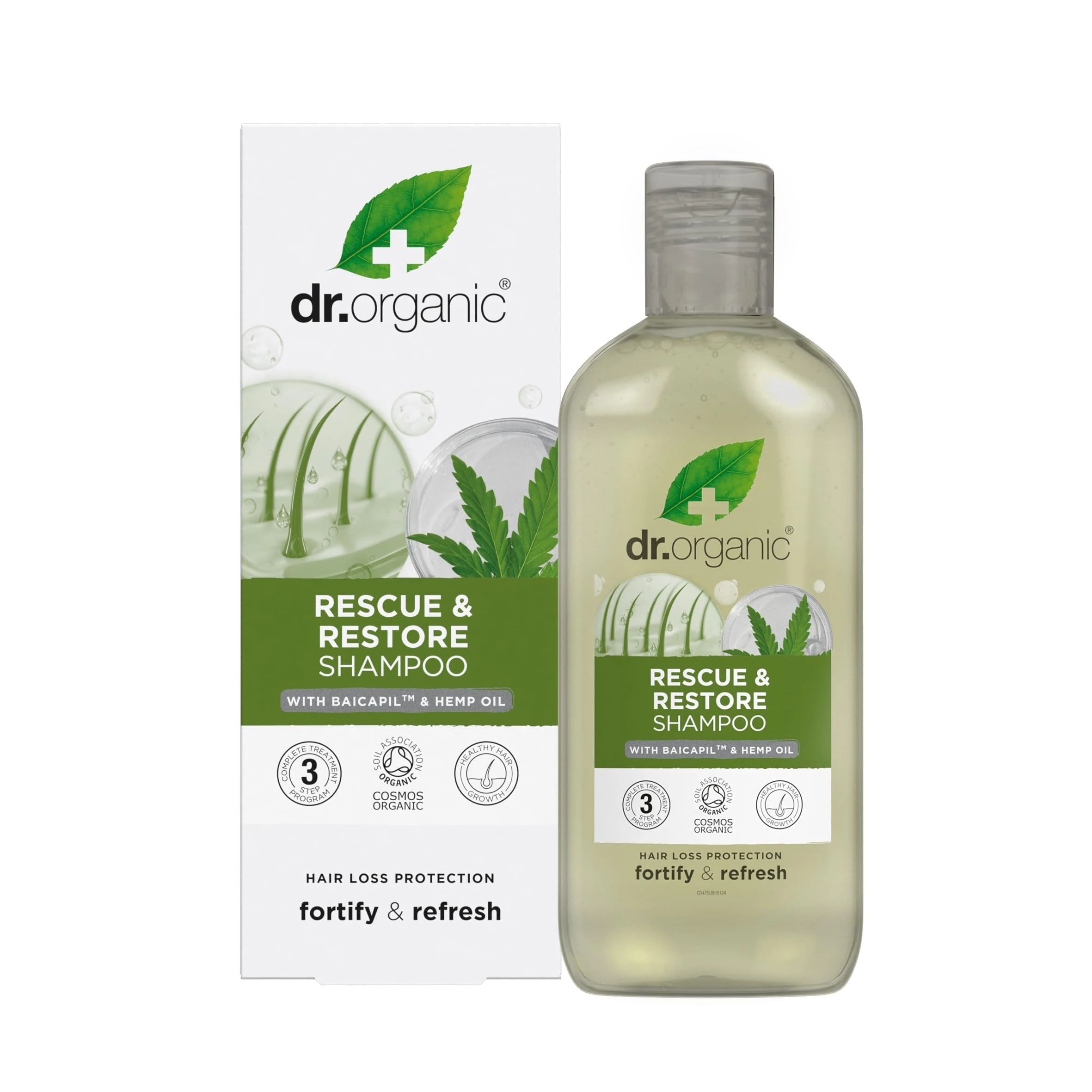 Dr Organic Hemp Oil Rescue Shampoo, Restoring, Mens, Womens, Natural, Vegetarian, Cruelty-Free, Paraben & SLS-Free, Organic, 265ml, Packaging may vary