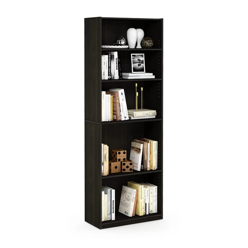 Furinno JAYA Book Shelf, 5-Tier Bookshelf, Bookcase with Adjustable Shelves, 9.5 x 24.5 x 71.2, for Living Room, Bedroom, Home Office, Espresso