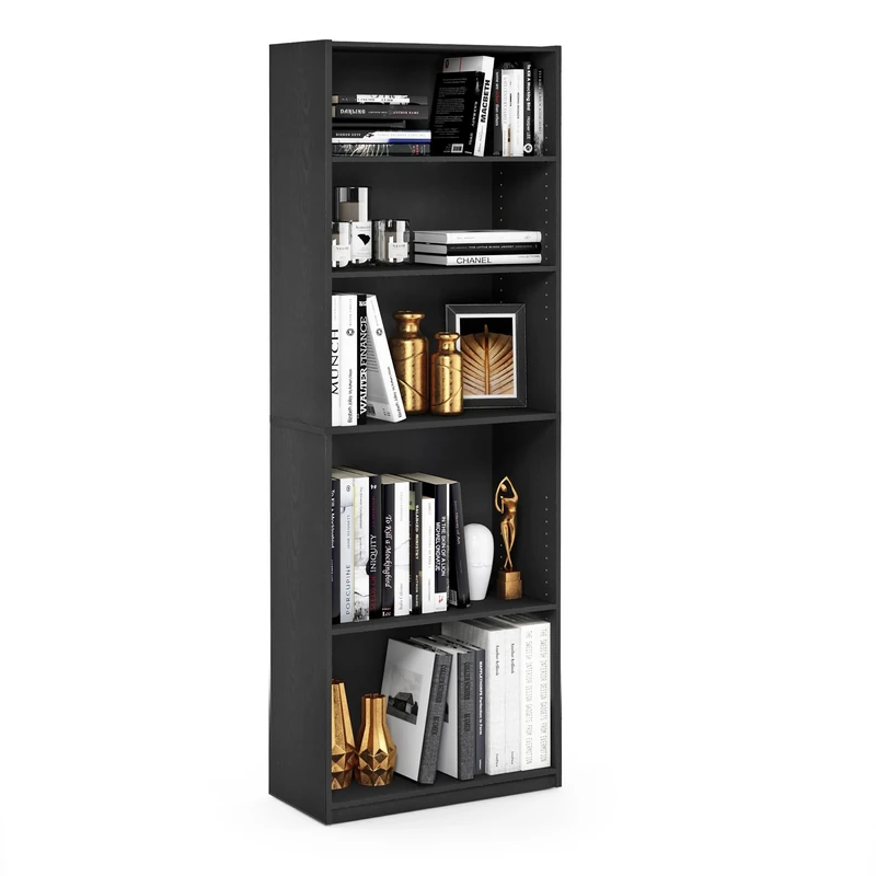 Furinno JAYA Book shelf, 5-Tier Bookshelf, Bookcase with Adjustable Shelves, 9.5 x 24.5 x 71.2, for Living Room, Bedroom, Home Office, Blackwood