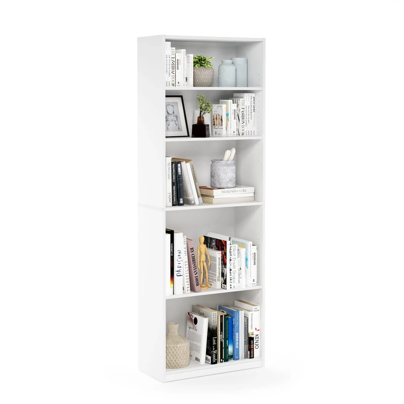Furinno JAYA Book Shelf, 5-Tier Bookshelf, Bookcase with Adjustable Shelves, 9.5 x 24.5 x 71.2, for Living Room, Bedroom, Home Office, White