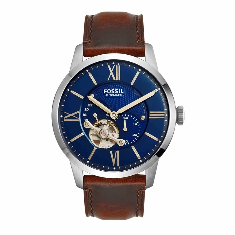 Fossil Watch for Men Townsman, Mechanical Automatic Movement, 44 mm Silver Stainless Steel Case with a Leather Strap, ME3110