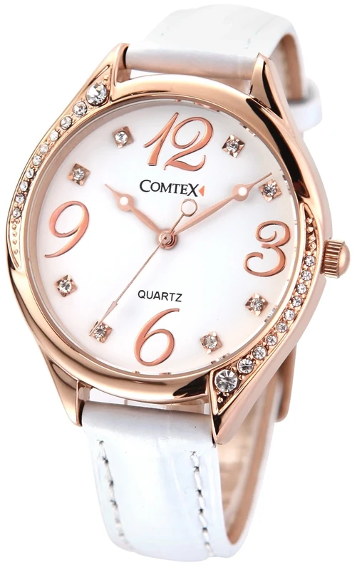 COMTEX Ladies Watches White Large Face Leather Rose Gold Tone White Leather Strap Fashion Watches