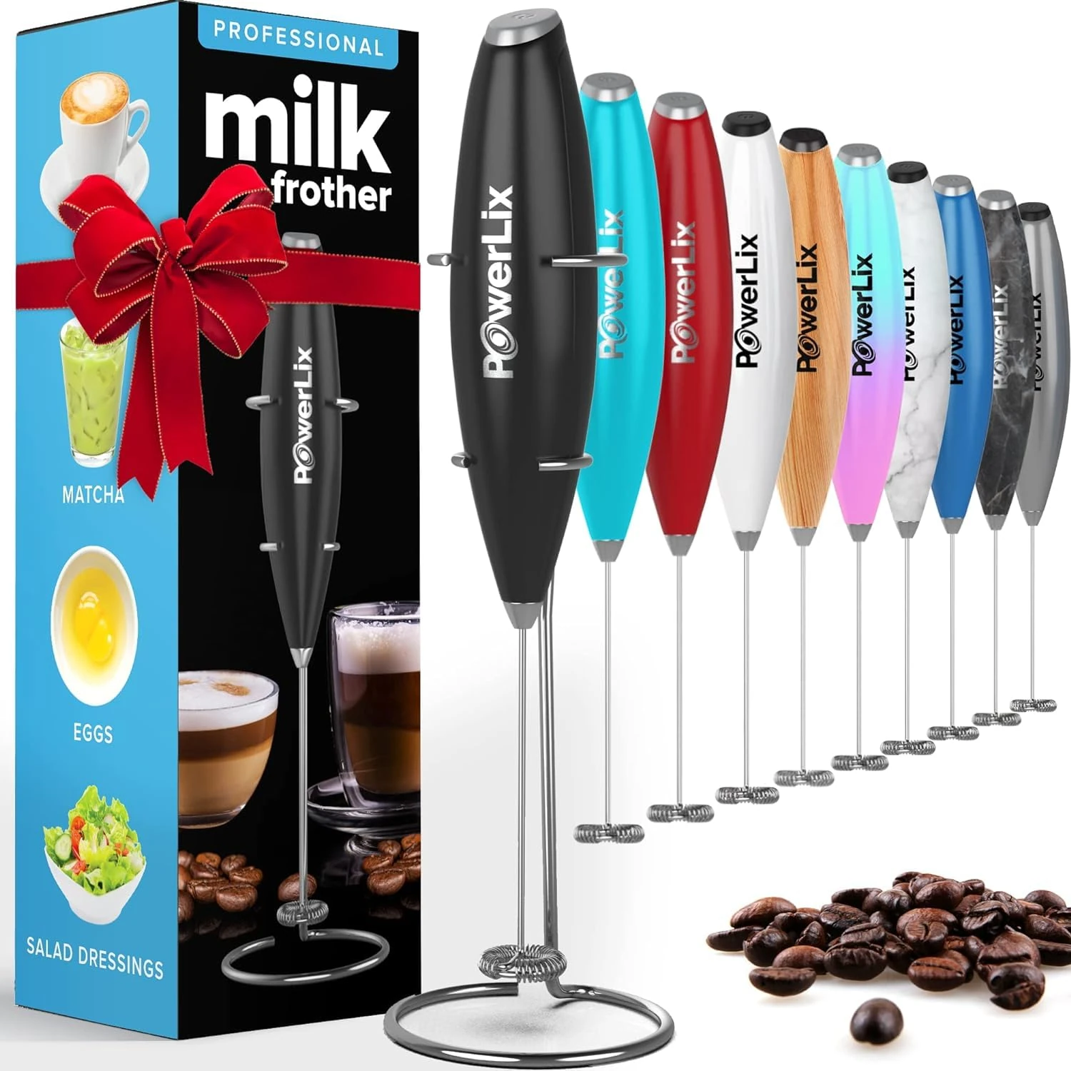 PowerLix Milk Frother Handheld Whisk - Electric Milk Frother Foamer with Stainless Steel Stand,15-20s, Powerful 19000rpm, Mini Drink Mixer Coffee Frother for Latte, Cappuccino, Hot Chocolate