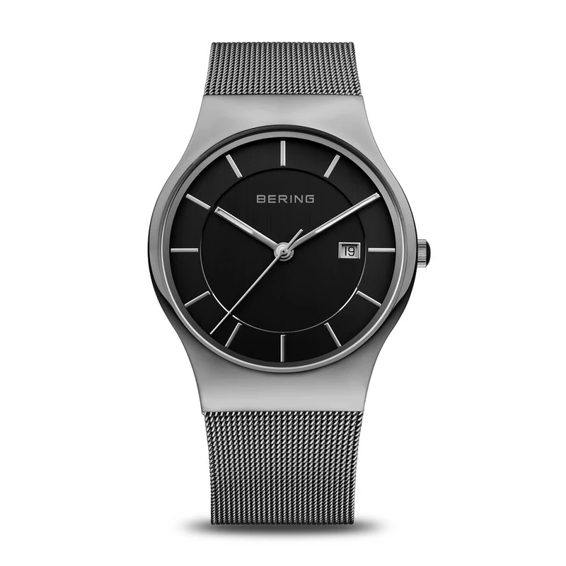BERING Herren Quarz Uhr | 40 mm silbernes Edelstahlgehäuse und schwarzes Zifferblatt | Milanaisearmband | 3 ATM | 11938-002