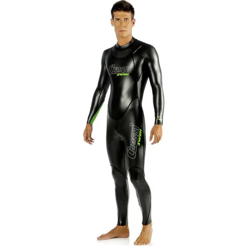 Cressi Triton Man All In One Swim Wetsuit 1.5mm - 1.5mm Neoprene High Density Glide Skin One-Piece Swim Wetsuit, Black/Fluo Green, XS, Men's