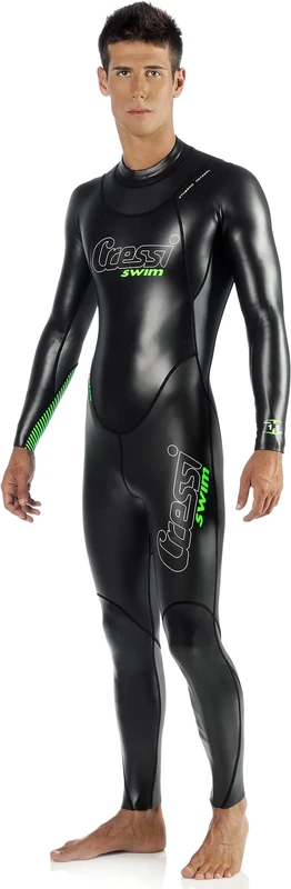 Cressi Triton Man All In One Swim Wetsuit 1.5mm - 1.5mm Neoprene High Density Glide Skin One-Piece Swim Wetsuit, Black/Fluo Green, XL, Men's