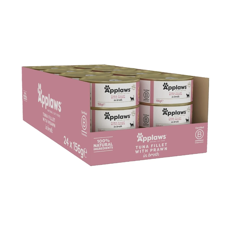 Applaws 100% Natural Tuna Fillet with Shrimp in Broth for Adult Cats (Pack of 24 x 156g Tins)