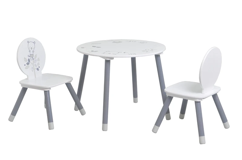 Demeyere Bear Table with 2 Chairs, Wood, White/Grey, 60x60x50 cm