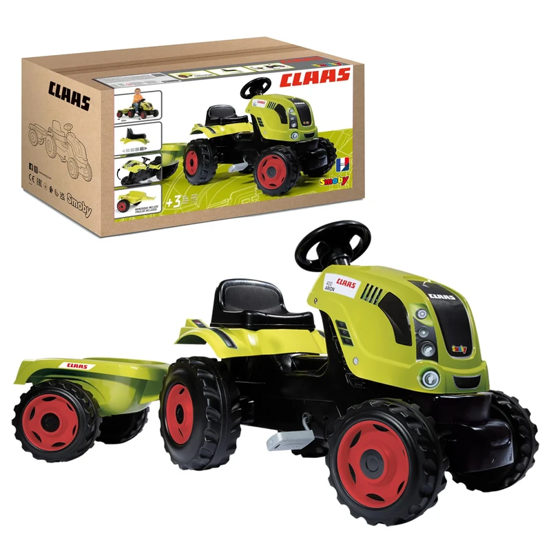 Smoby Claas Farmer Pedal Ride On Tractor and Trailer | Colourful Kids Ride on Digger with Detachable Trailer, Openable Bonnet and Horn | Ages 3+ |, Claas Pedal Ride on Tractor