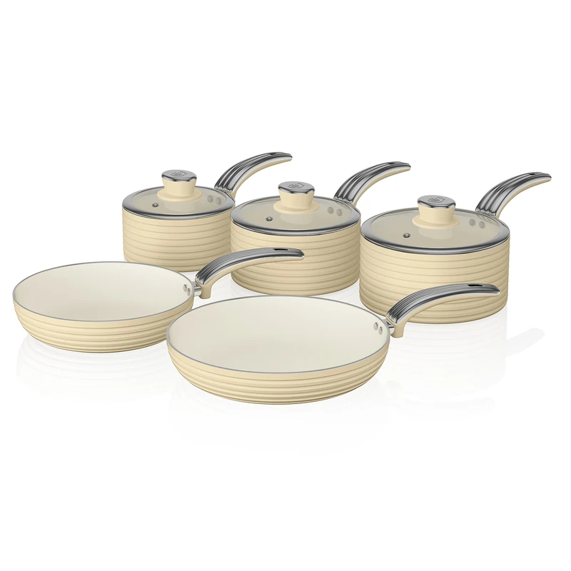 Swan Retro SWPS5020CN 5 Piece Aluminium Pan Set With Glass Lid, Non Stick Ceramic Coating, Cream