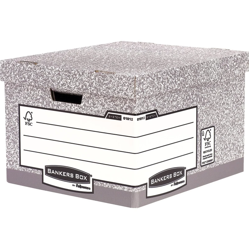 BANKERS BOX 10 System Heavy Duty Large Storage Box with Lids - Cardboard Storage Box with Lids for Office Storage - Archive Boxes with Handles - W38 x H28.7 x D43cm (Pack of 10) - Grey