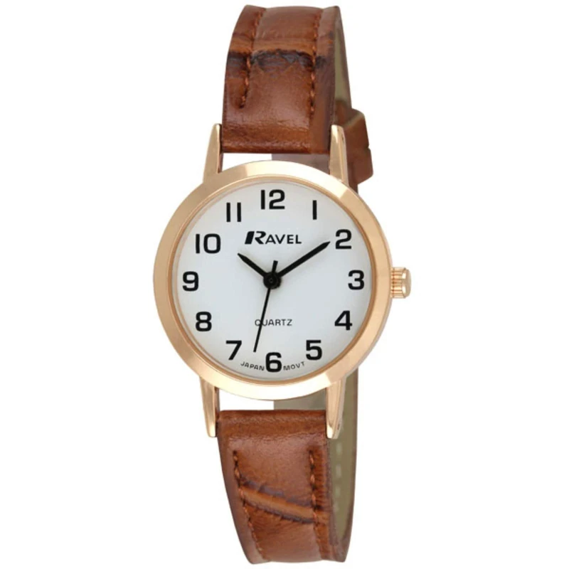 Ravel - Womens Traditional Watch with Clear Numeral Dial - Rose Gold Tone/Tan