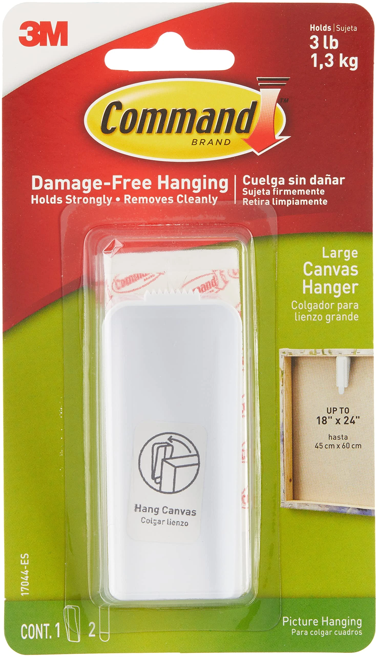 Command Large Canvas Hanger Hook, - 1 Hook and 2 Adhesive Strips, White - Damage Free Hanging - for Canvas Framed Pictures, Prints and Art - Holds up to 1.3kg