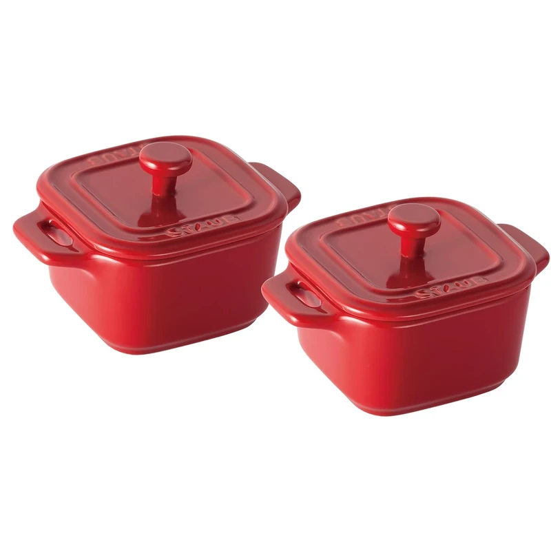 Staub 2x Mini Ceramic square Cocotte with lid - Red