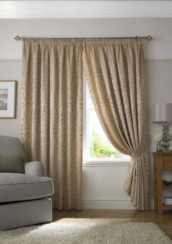 Tivoli, Latte Lined Curtains, Trailing Leave Floral Jacquard Design, Pencil Pleat Curtain Pairs, 66" x 90" - Image 1