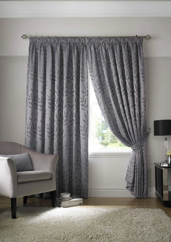 Tivoli, Silver Lined Curtains, Trailing Leave Floral Jacquard Design, Pencil Pleat Curtain Pairs, 66" x 90"