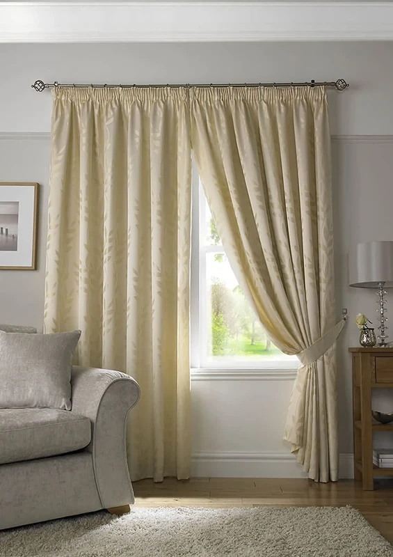 Tivoli, Cream Lined Curtains, Trailing Leave Floral Jacquard Design, Pencil Pleat Curtain Pairs, 90" x 90"