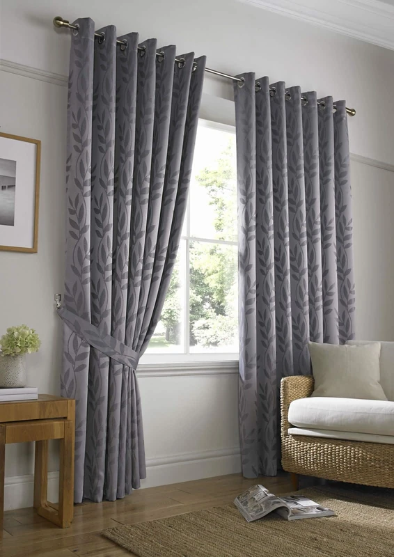 Tivoli, Silver Lined Curtains, Trailing Leave Floral Jacquard Design, Eyelet Curtain Pairs, 66" x 90"