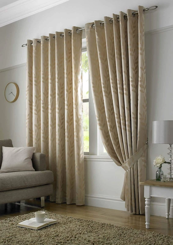Tivoli, Latte Lined Curtains, Trailing Leave Floral Jacquard Design, Eyelet Curtain Pairs, 90" x 90"