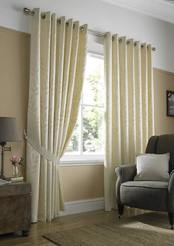 Tivoli, Cream Lined Curtains, Trailing Leave Floral Jacquard Design, Eyelet Curtain Pairs, 66" x 72"