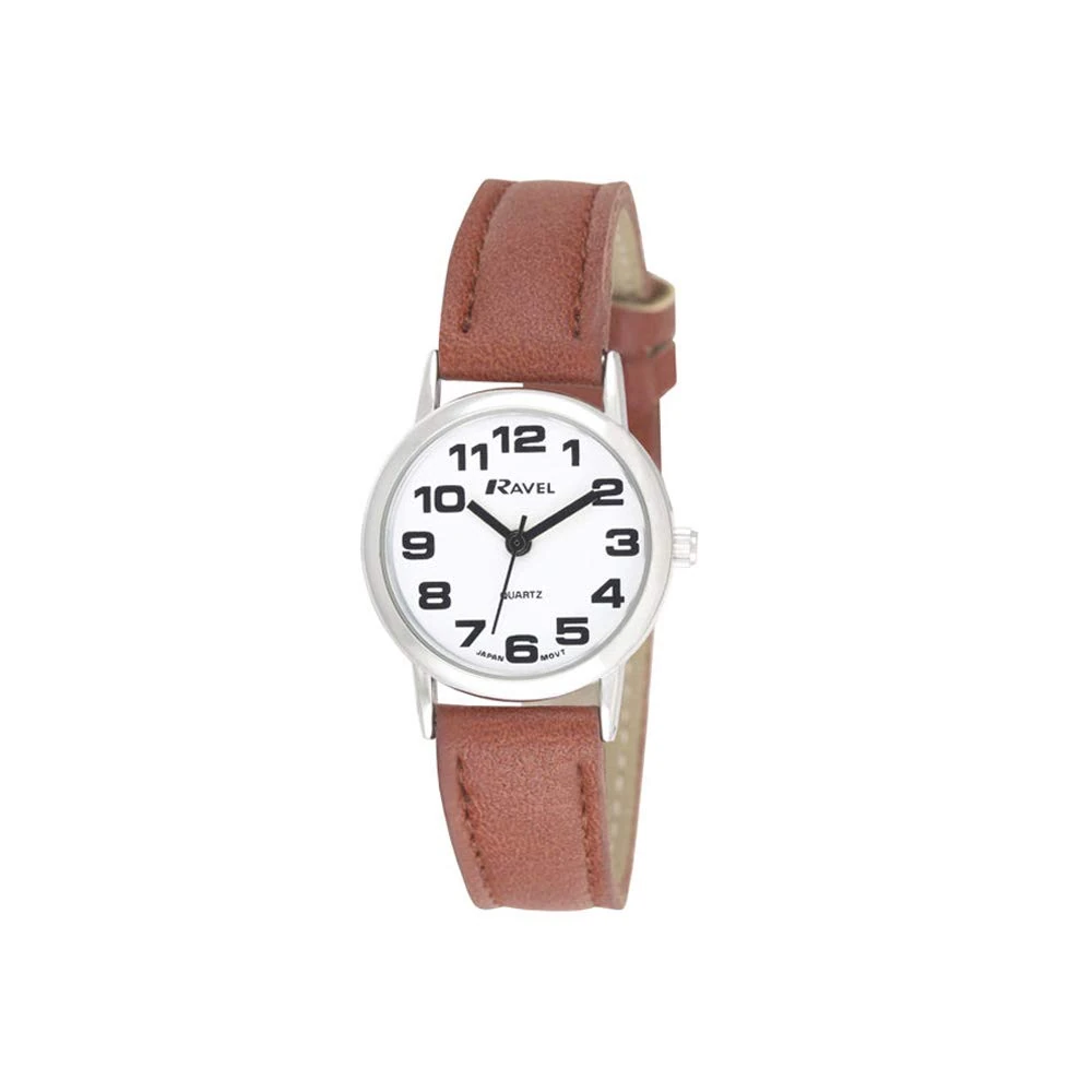 Ravel Women's Easy Read Watch with Big Numbers - Brown/Silver Tone/White Dial