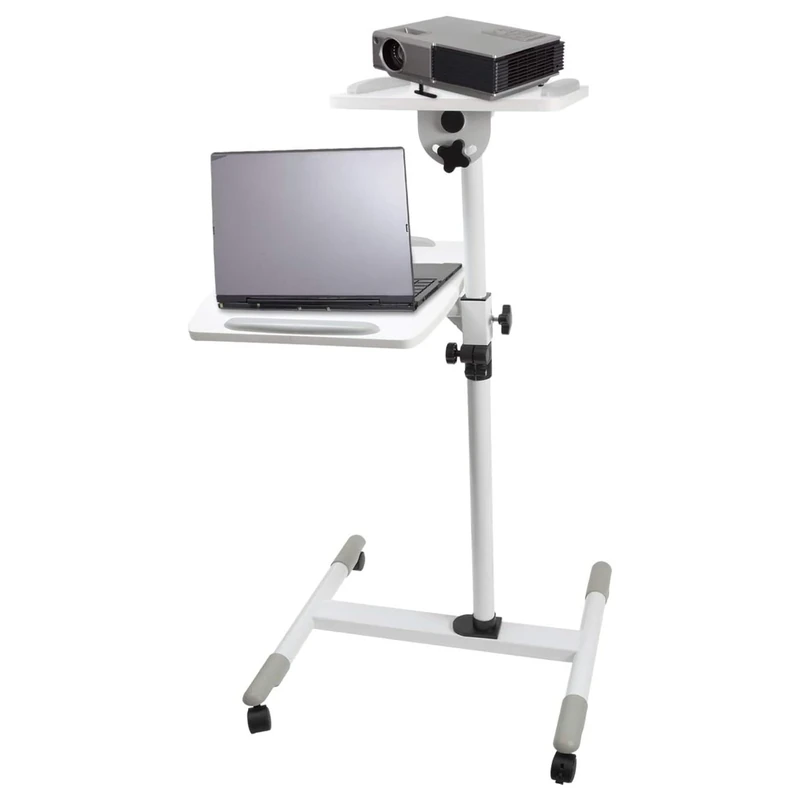 Properav Mobile Desk Workstation & Projector Trolley - White | Moveable On Caster Wheels | Adjustable Height 850-1100mm | 10kg Capacity | For Laptop, Projector, Consoles & More