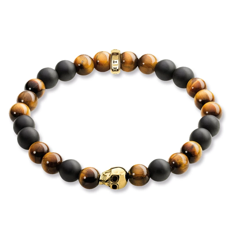 Thomas Sabo Rebel at Heart A1509-881 Men's Bracelet with Gold Skull Design in Gold Plated Silver Tiger's Eye, 17, Sterling Silver, Tiger's Eye