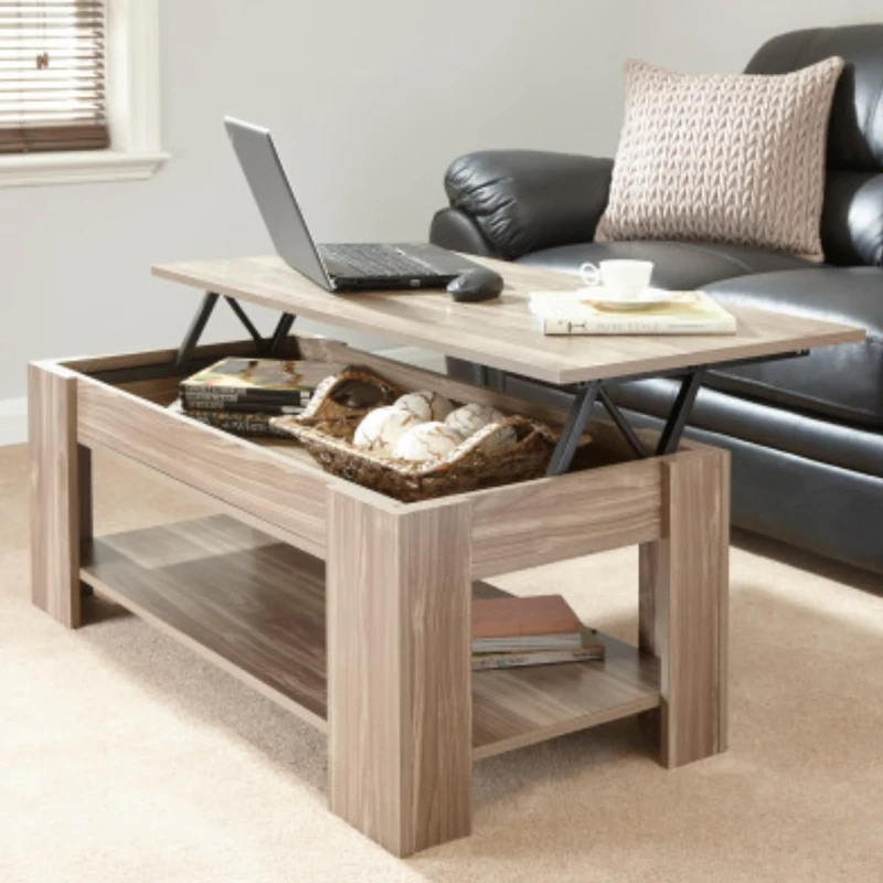 GFW Lift Up Coffee Table With Hidden Storage For Living Room. Modern Wooden Lift Top Coffee Tables With Display Shelf & Storage Compartment For Media & Accessories, Walnut, H39.5cm x W105cm x D50cm
