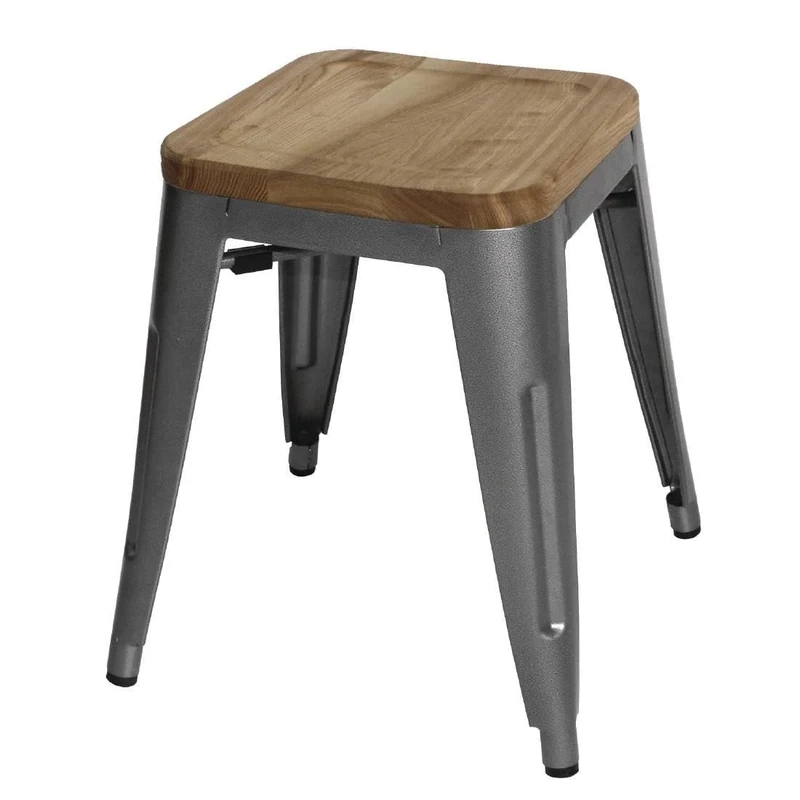 Bolero Grey Steel Bistro Low Stools with Wooden Seat Pad 455X405X405mm Chair 4pc