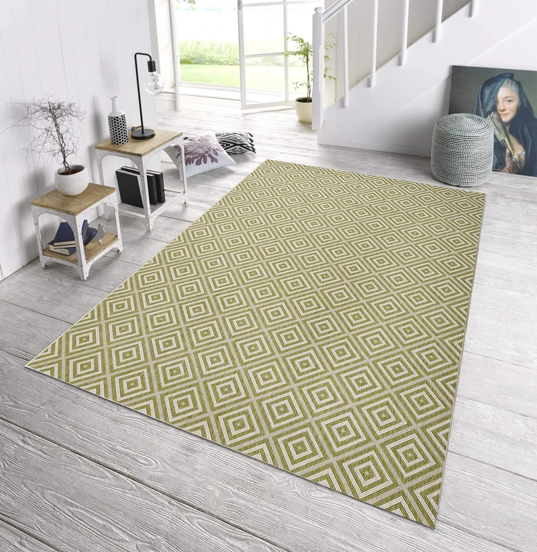 NORTHRUGS Indoor and Outdoor Rug Checked 140 x 200 cm - Weatherproof Modern Geometric Pattern Checked All-Over Design Runner for Balcony Patio Garden Conservatory Living Room Rug Waterproof in Green