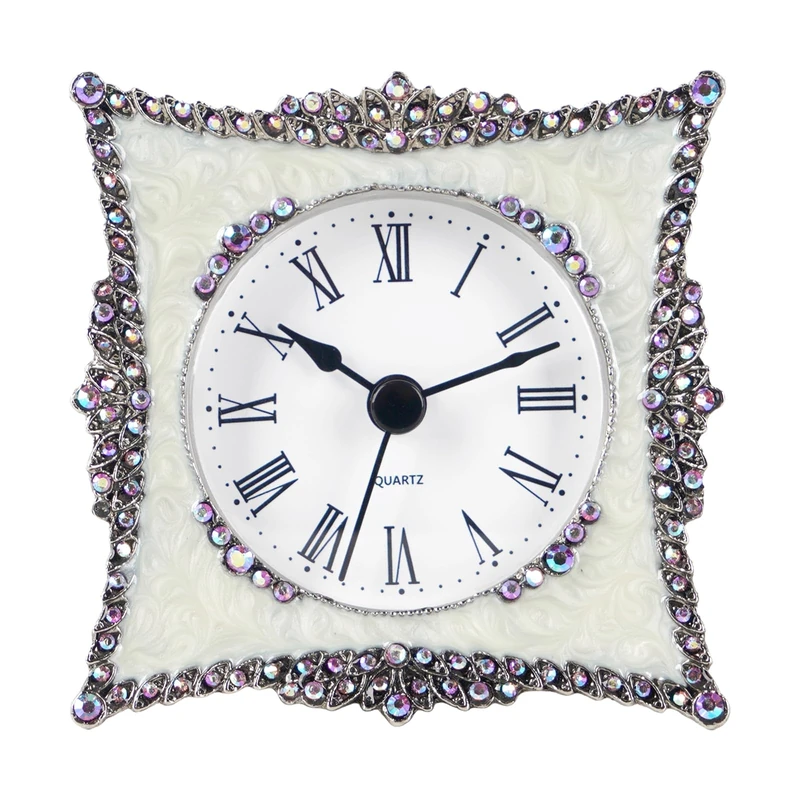 NIKKY HOME Pewter Elegant and Cute Quartz Analog Table Clock with Crystal Rosy Rhinestone 8.8 CM White and Pink