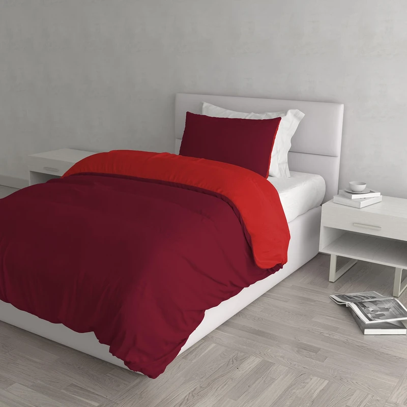 Italian Bed Linen Natural Color Duvet Cover Set with Doubleface Solid Colour Bag Sheet and Pillowcase, 100% Cotton, red/Bordeaux, small double