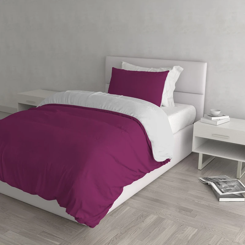 Italian Bed Linen Natural Color Duvet Cover Set with Doubleface Solid Colour Bag Sheet and Pillowcase, 100% Cotton, Fuchsia/Light Gray, small double